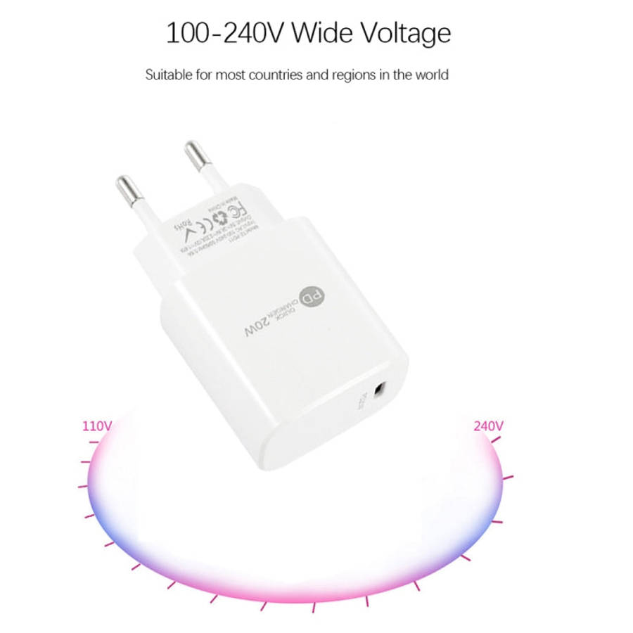 PD11 Single PD3.0 USB-C / Type-C 20W Fast Charger with 1m Type-C to 8 Pin Data Cable, EU Plug, EU...