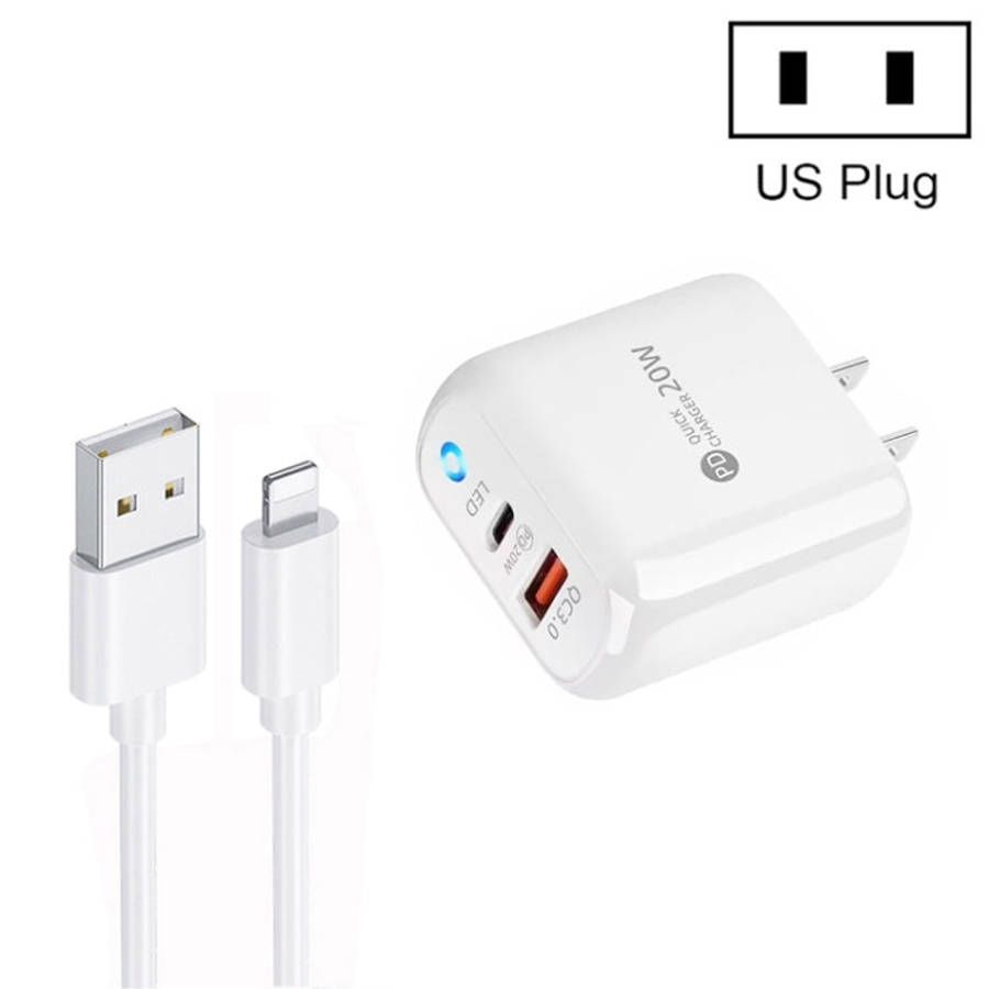 PD04 Type-C + USB Mobile Phone Charger with USB to 8 Pin Cable, US Plug, US Plug + USB to 8 Pin C...