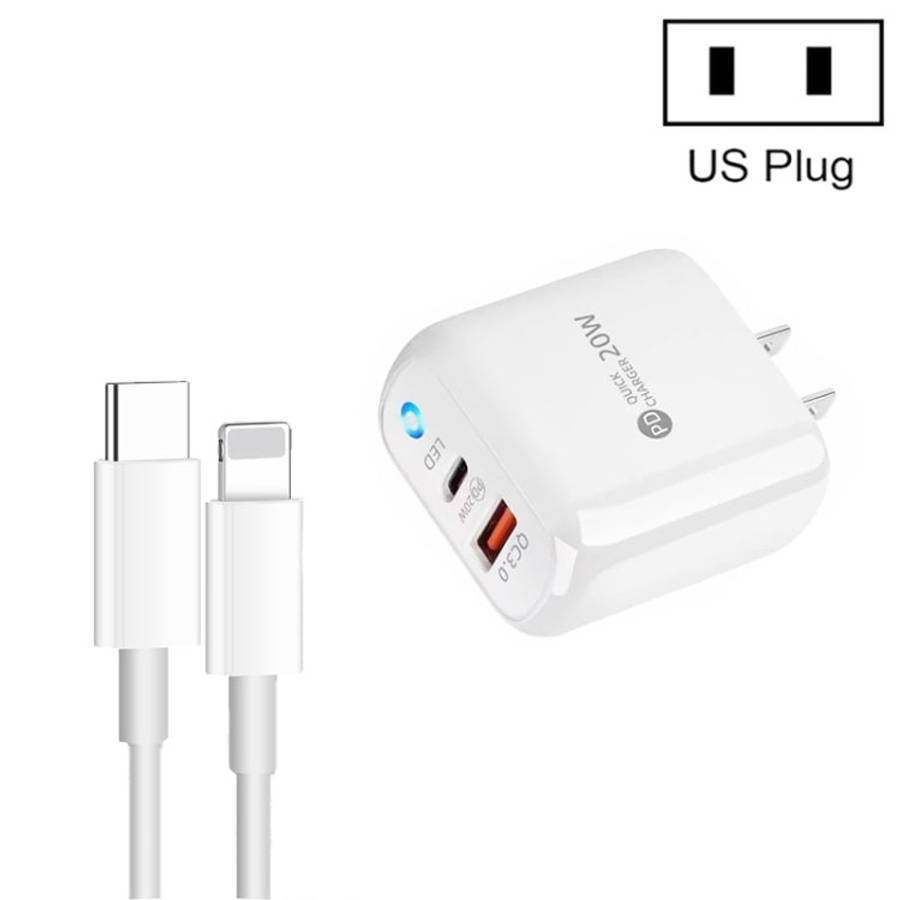 PD04 Type-C + USB Mobile Phone Charger with Type-C to 8 Pin Cable, US Plug, US Plug + Type-C to 8...