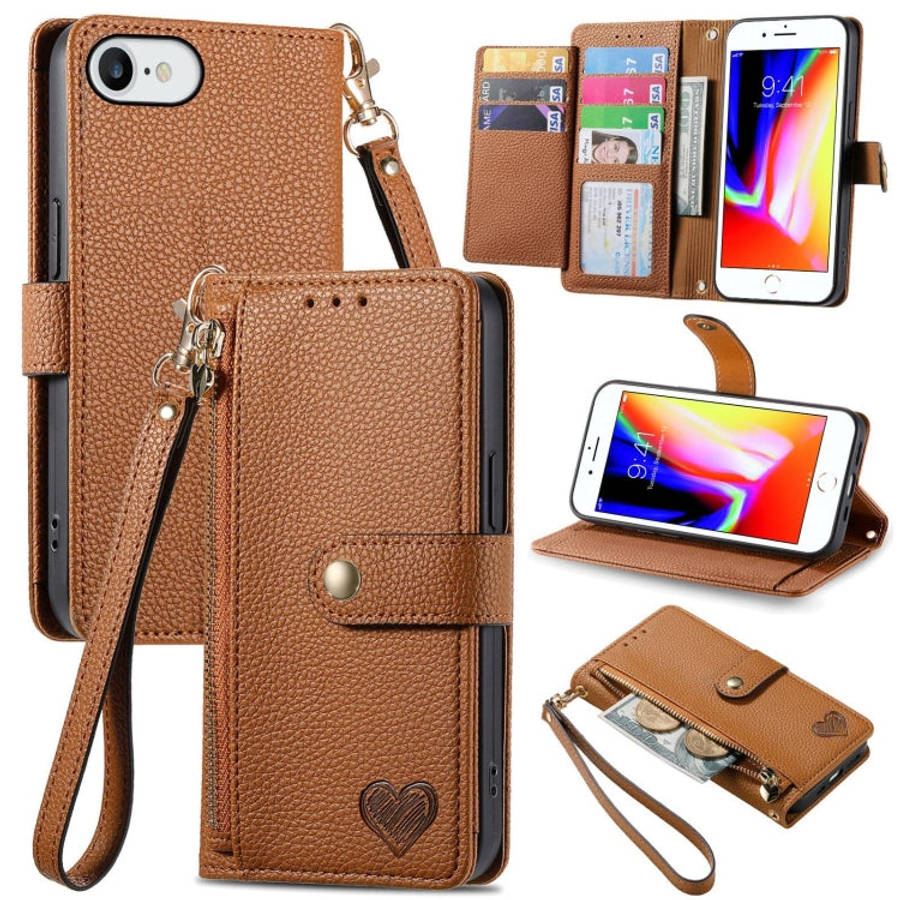 Love Zipper Lanyard Leather Phone Case, For iPhone 14 Pro Max, For iPhone 7 / 8 / SE 2022, For iP...