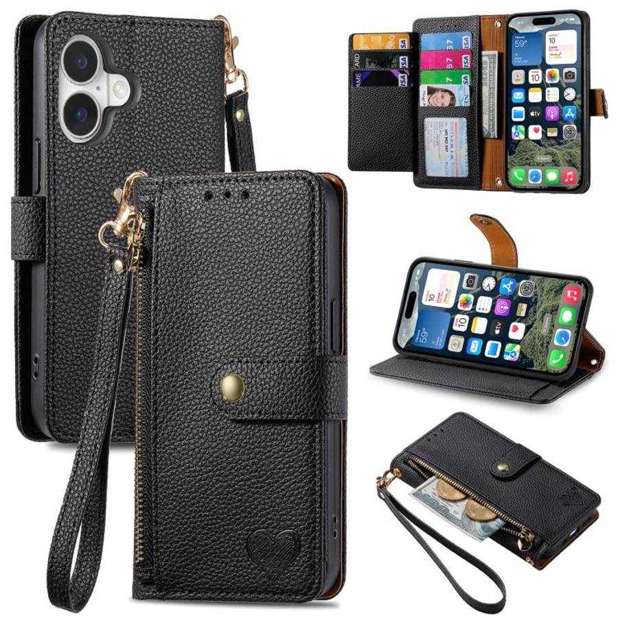 Love Zipper Lanyard Leather Phone Case, For iPhone 17e / 16e, For iPhone 17 Pro Max, For iPhone 1...
