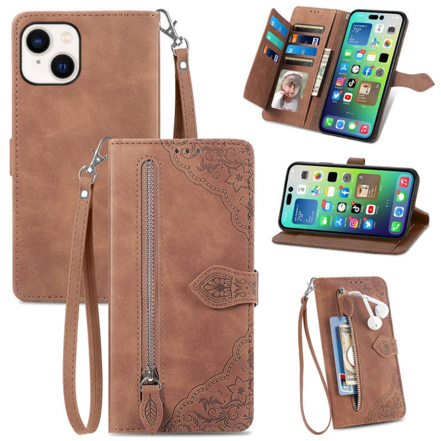 Embossed Flower Zipper Leather Phone Case, For iPhone 15 Pro Max, For iPhone 15 Pro, For iPhone 1...
