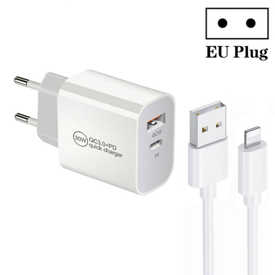 PD30W USB-C / Type-C + QC3.0 USB Dual Port Charger with 1m USB to 8 Pin Data Cable, EU Plug, US P...