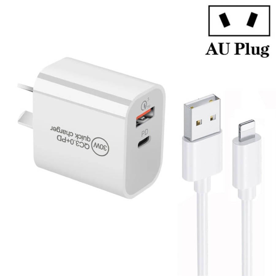 PD30W USB-C / Type-C + QC3.0 USB Dual Port Charger with 1m USB to 8 Pin Data Cable, EU Plug, US P...