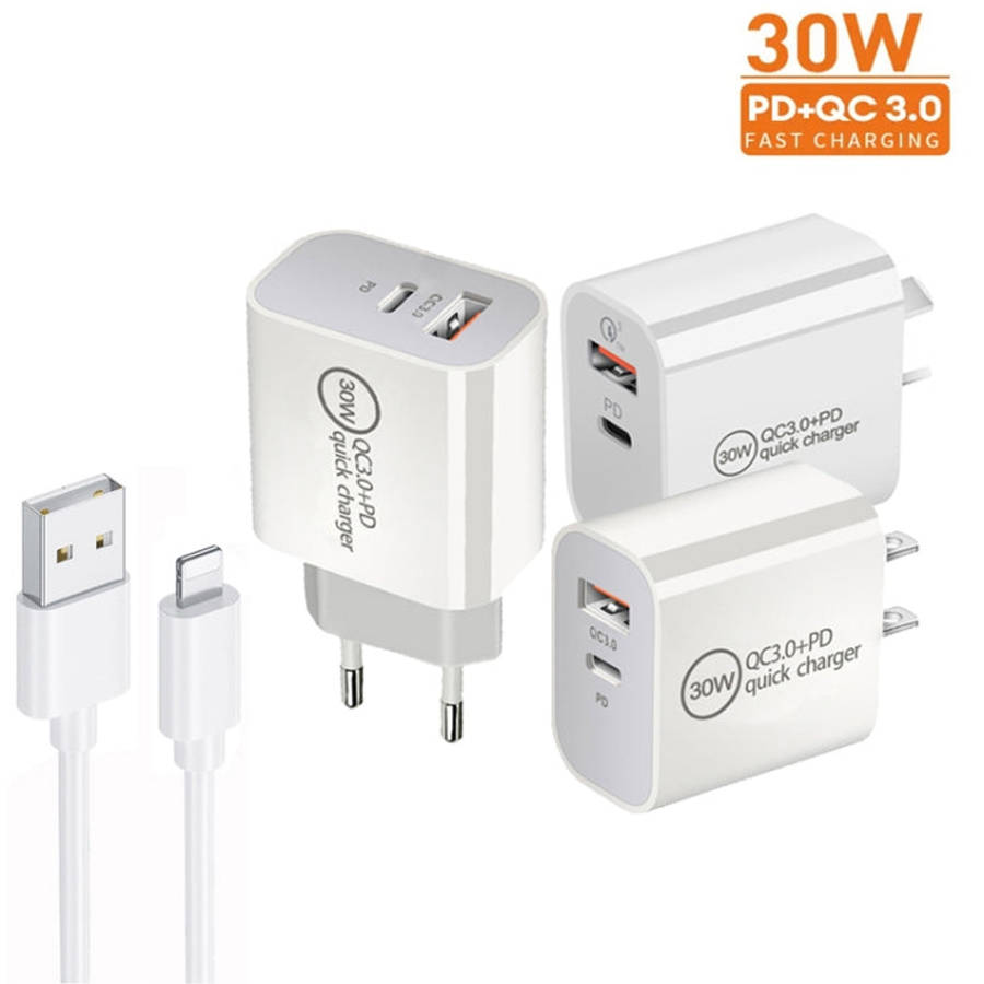 PD30W USB-C / Type-C + QC3.0 USB Dual Port Charger with 1m USB to 8 Pin Data Cable, EU Plug, US P...