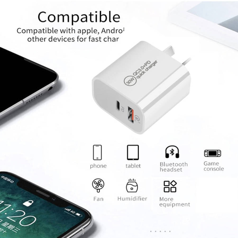 PD30W USB-C / Type-C + QC3.0 USB Dual Port Charger with 1m USB to 8 Pin Data Cable, EU Plug, US P...