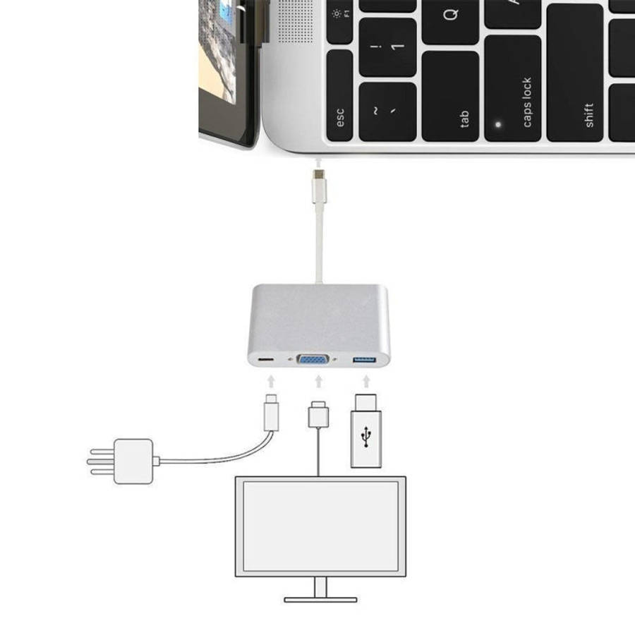 USB Type C to VGA 3-in-1 Hub Adapter supports USB Type C tablets and laptops for Macbook Pro / Go...