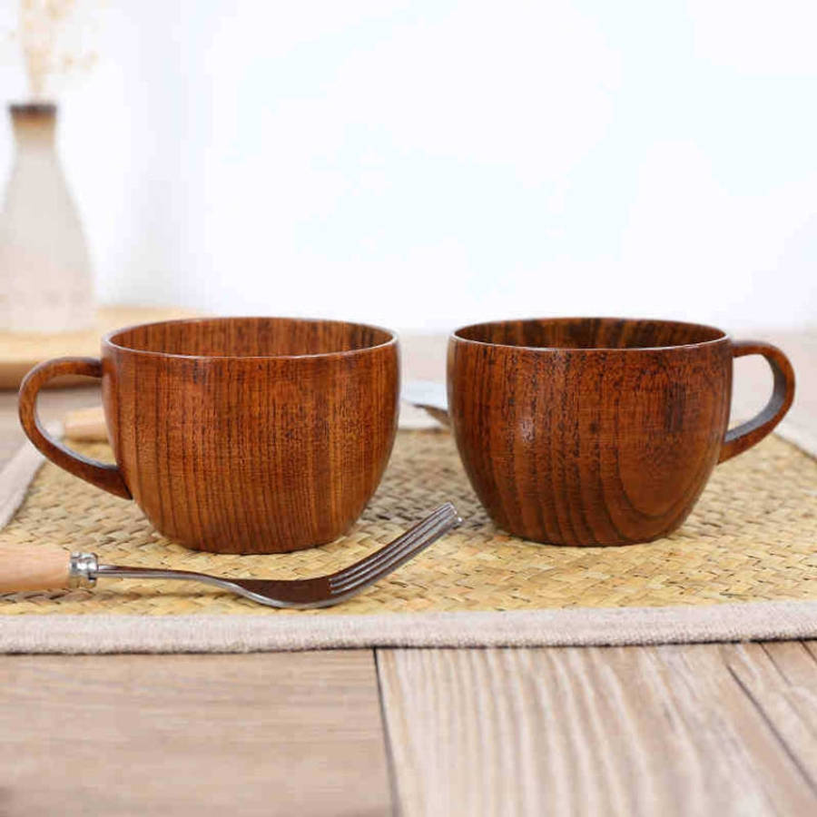 Mini Retro Handmade Wooden Coffee Tea Juice Water Cup Breakfast Beer Milk Drinkware with Handle, ...