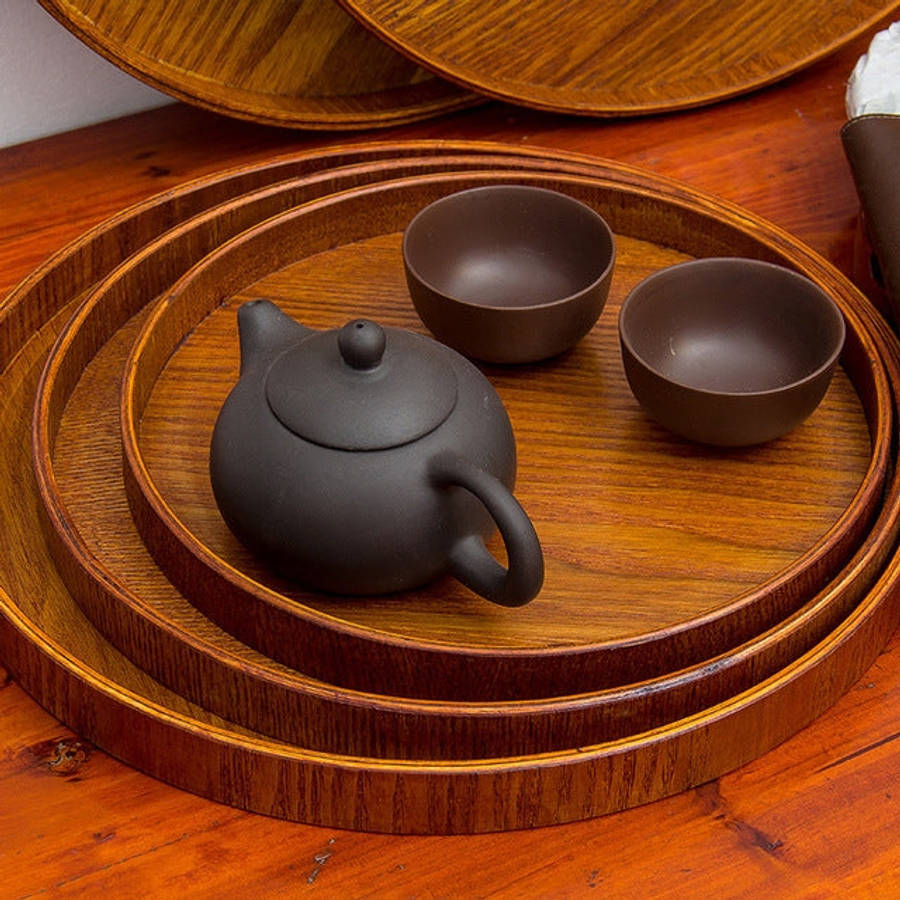 Creative Round Solid Wood Tea Tray Hotel Wooden Tay Storage Tray, Diameter: 37.5cm, Brown, Diamet...