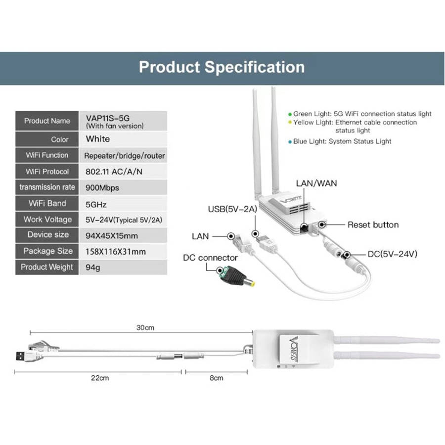 VONETS VAP11S-5G Mini Wireless Bridge 900Mbp WiFi Repeater with 2 Antennas & Fan