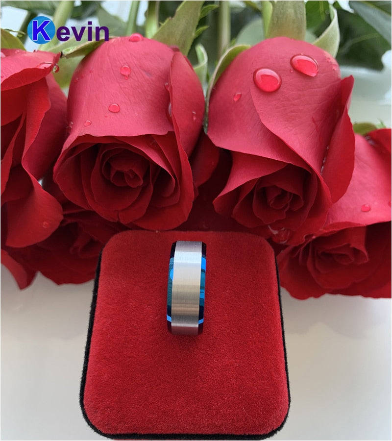 Black Silver Tungsten Carbide Wedding Band Mens Ring Blue Beveled Edges Comfort Fit - 11