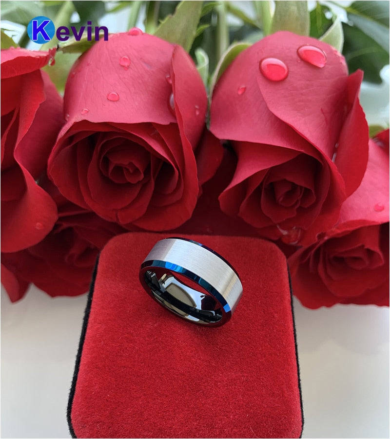 Black Silver Tungsten Carbide Wedding Band Mens Ring Blue Beveled Edges Comfort Fit - 11