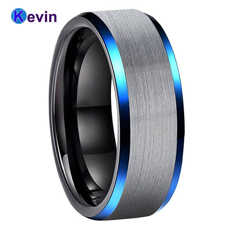 Black Silver Tungsten Carbide Wedding Band Mens Ring Blue Beveled Edges Comfort Fit - 11