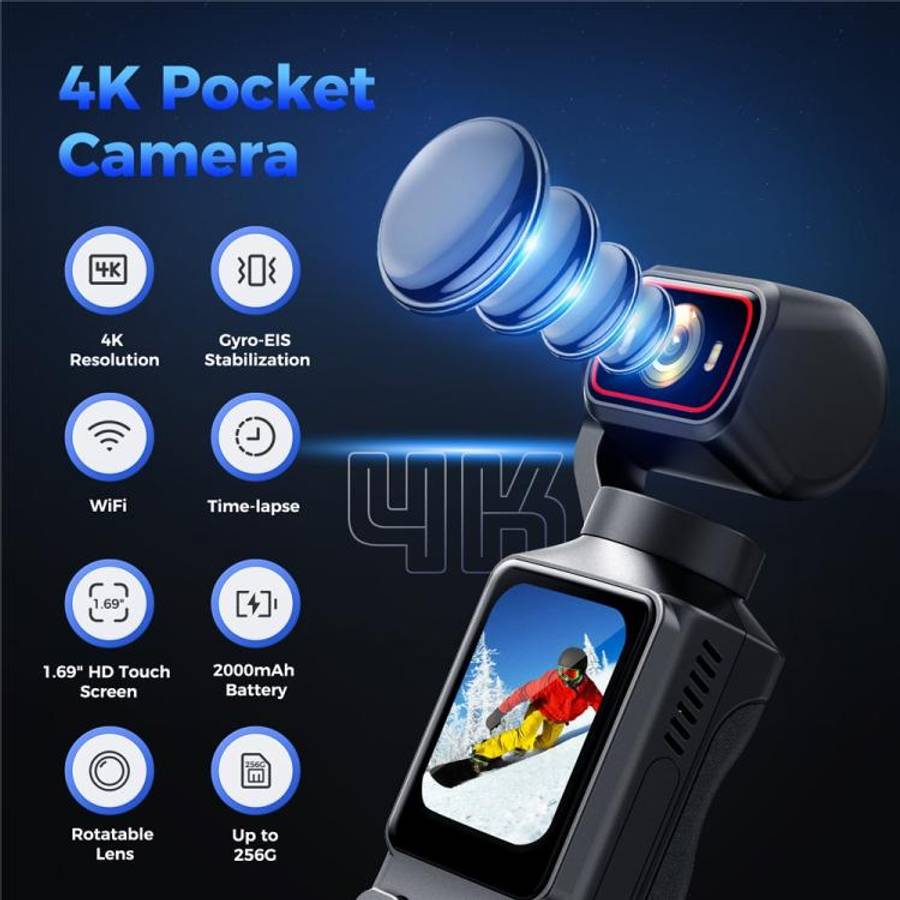 L19 1.69 inch Touch Screen and Wi-Fi Connectivity 4K Action Camera Anti-Shake VLOG Pocket Camera,...