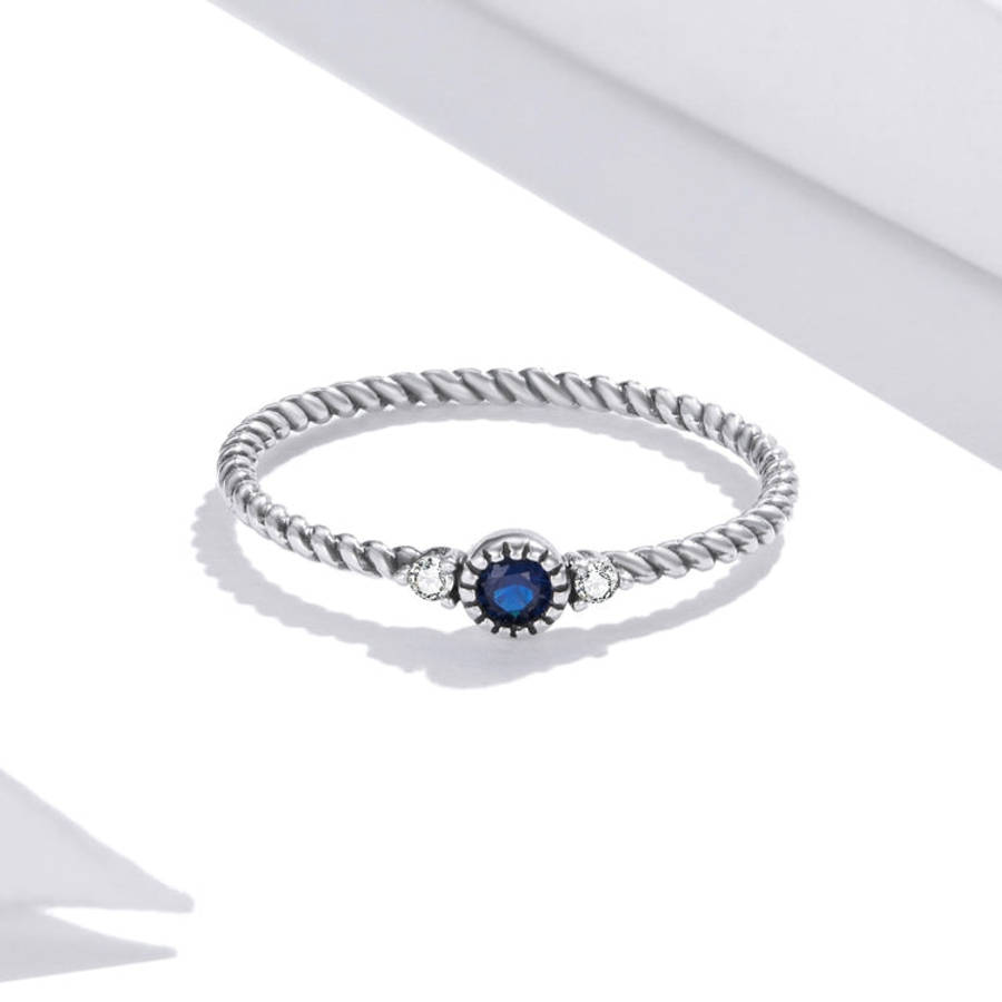 S925 Sterling Silver Dark Blue Zircon Platinum Plated Twist Texture Women Ring, 6, 7, 8