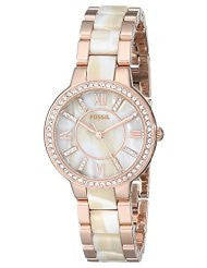 Fossil Ladies ES3716 Virginia Three-Hand Stainless Steel Watch in Rose Gold Tone with Horn Acetate