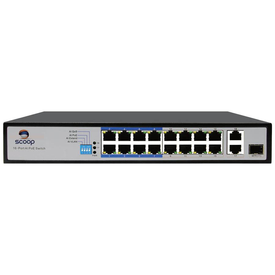 Scoop 16 Port Fast Ethernet AI PoE 150W 2 Gigabit 1SFP Switch