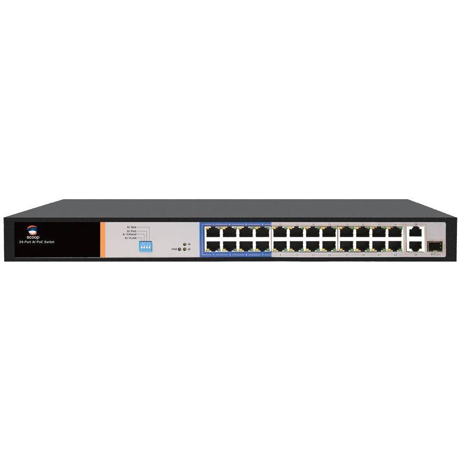 Scoop 24 Port Fast Ethernet AI PoE 250W 2 Gigabit 1SFP Switch