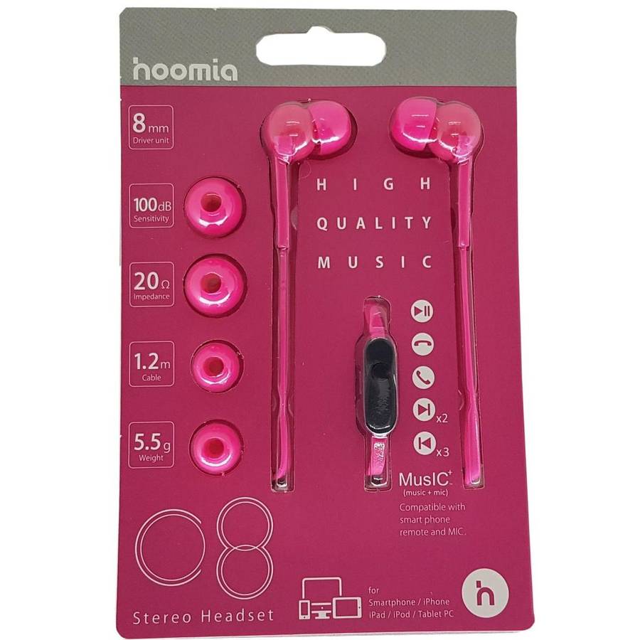 STEREO EARPHONE + MIC HOT PINK 1.2M