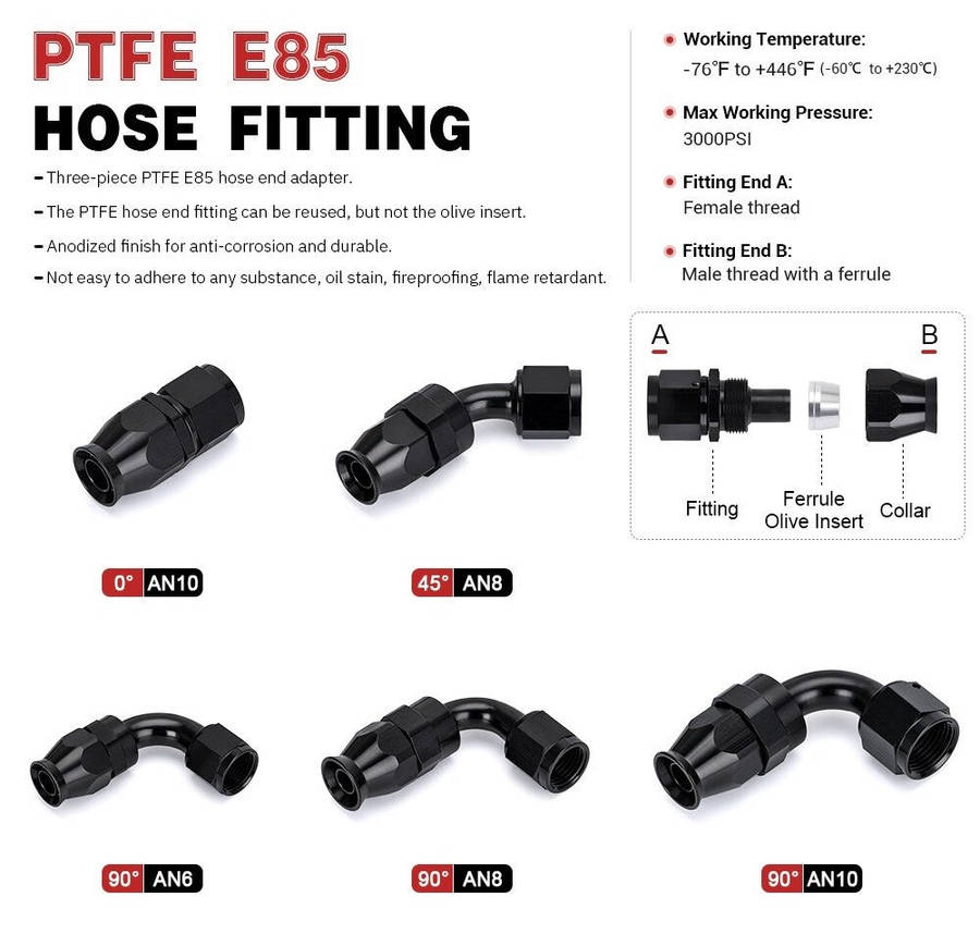 PTEF AN8 Straight Hose End Fitting For Stainless Steel Braided Hose