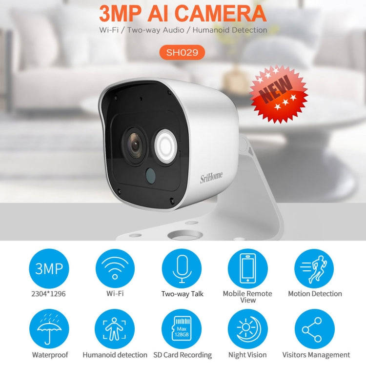 SriHome SH029 3.0 Million Pixels 1296P HD AI Camera, Support Two Way Talk / Motion Detection / Hu...