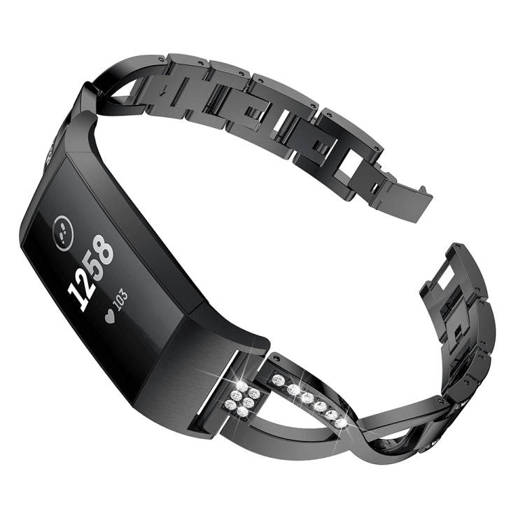 X-shaped Diamond-studded Metal Steel Watch Band for Fitbit Charge 3(Black)