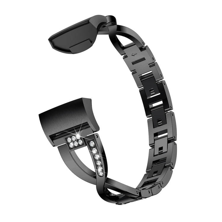 X-shaped Diamond-studded Metal Steel Watch Band for Fitbit Charge 3(Black)