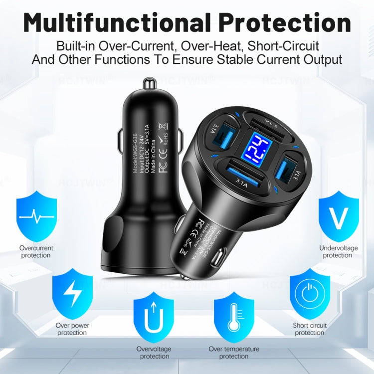 WGS-G36 3.1A 4 in 1 Digital Display Car Charger with Voltmeter (Black)