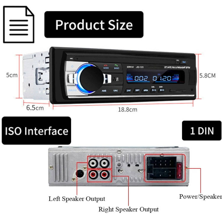 JSD-520 Car Stereo Radio MP3 Audio Player Support Bluetooth Hand-free Calling / FM / USB / SD, EU...