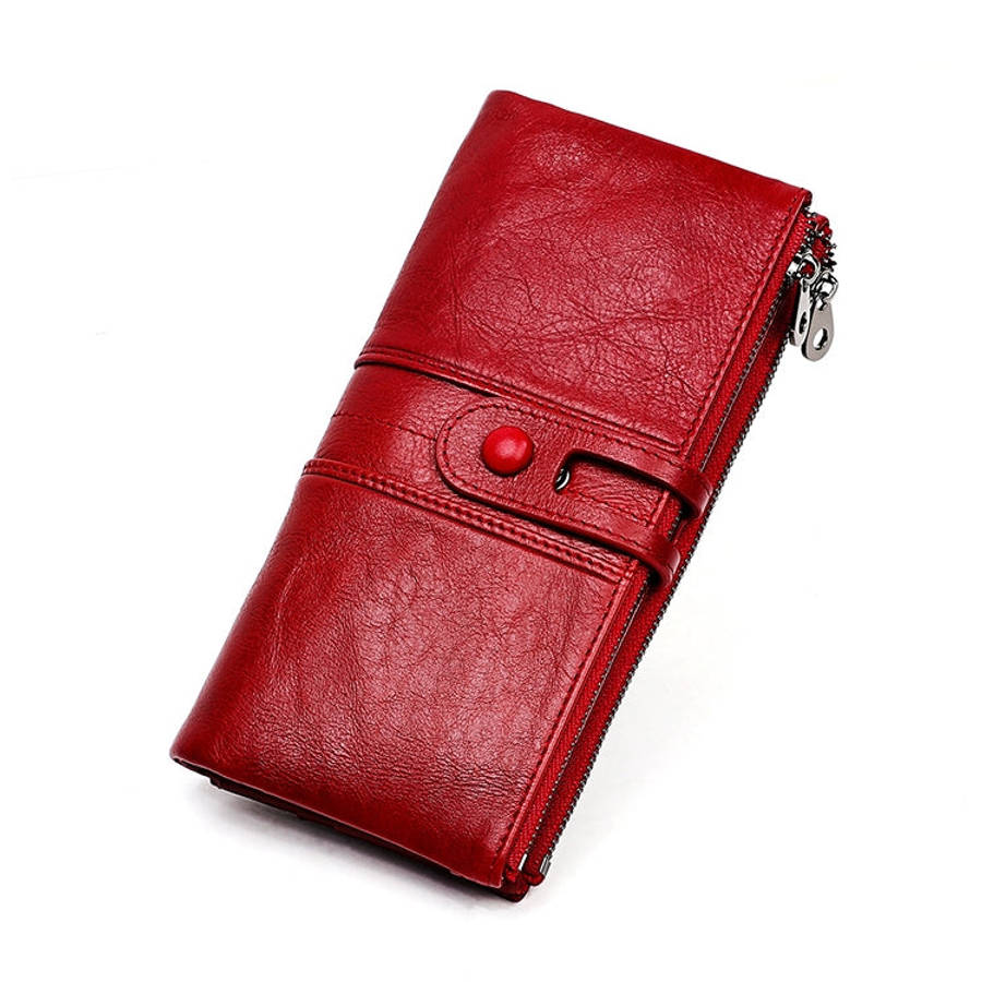 3520 Long Cowhide Leather Folding Anti-magnetic RFID Wallet for Ladies, with Card Slots(Red)