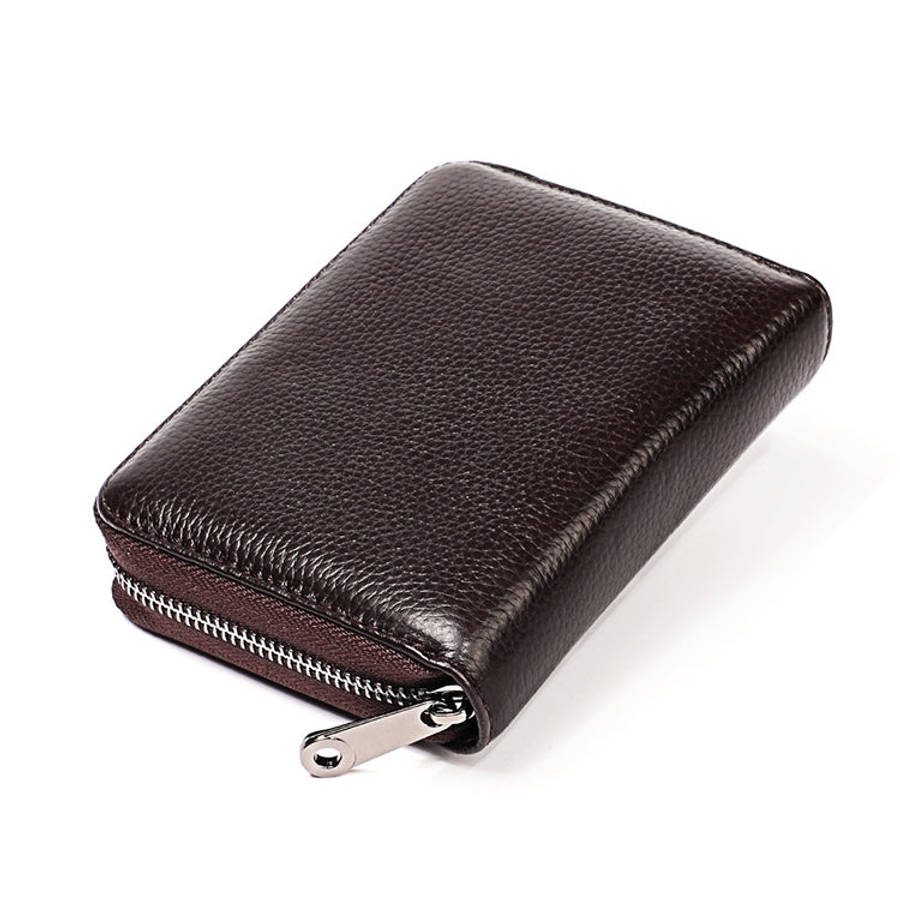 KB195 Zipper Cowhide Leather Double Row Organ Shape Multiple Card Slots Anti-magnetic RFID Wallet...