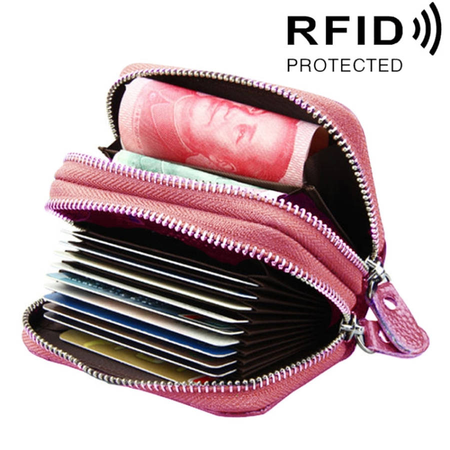 Genuine Leather Dual Layer Zipper Card Holder Wallet RFID Blocking Purse, Size: 10.5x7.0x4.0cm(Pink)