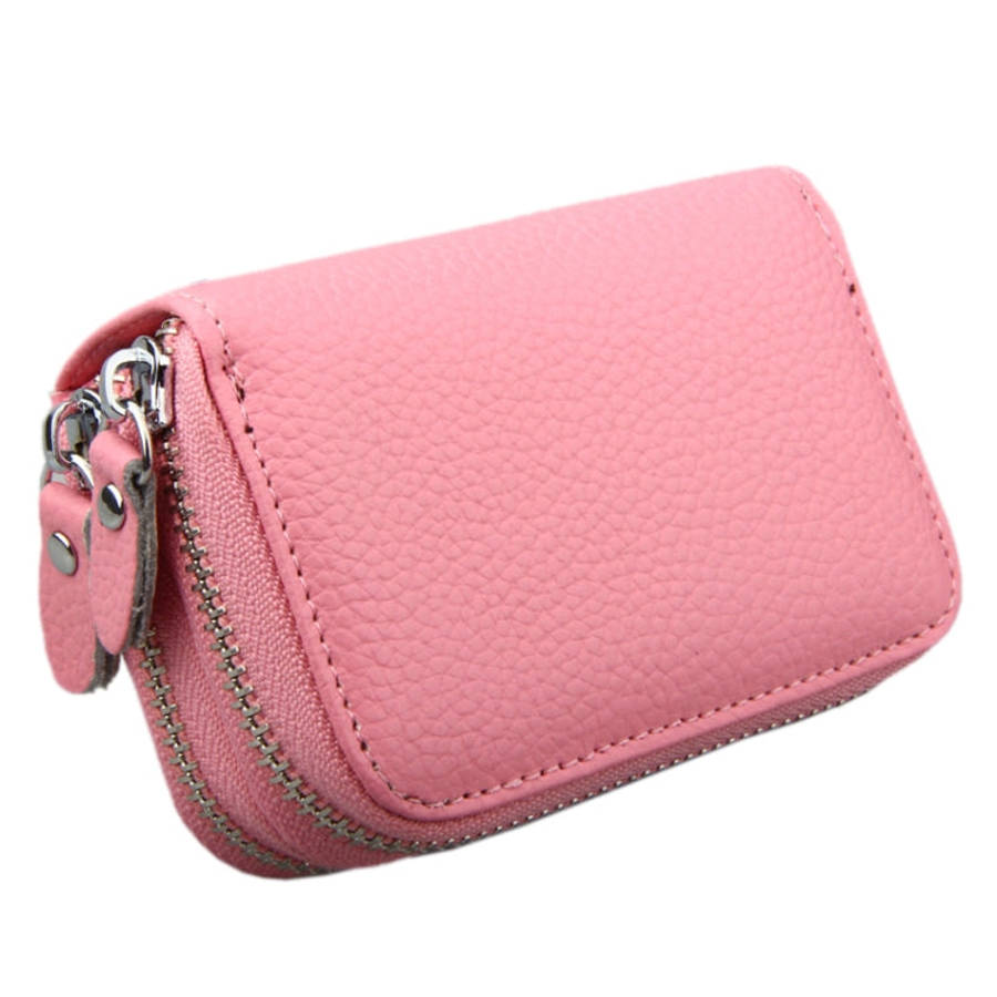 Genuine Leather Dual Layer Zipper Card Holder Wallet RFID Blocking Purse, Size: 10.5x7.0x4.0cm(Pink)