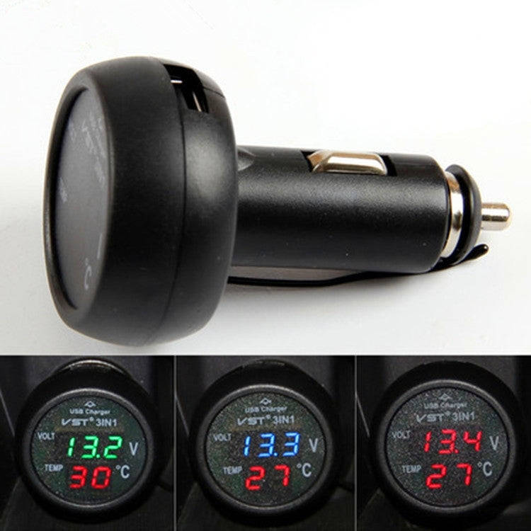 3 in 1 Universal Car Digital Voltage Meter Temperature Meter USB Charger, DC12-24V(Random Color D...