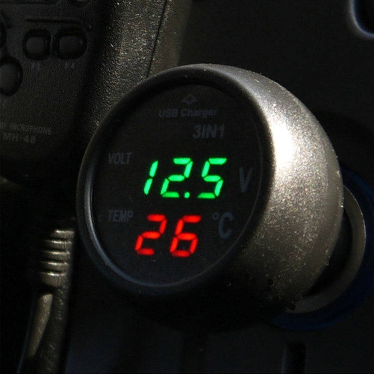 3 in 1 Universal Car Digital Voltage Meter Temperature Meter USB Charger, DC12-24V(Random Color D...