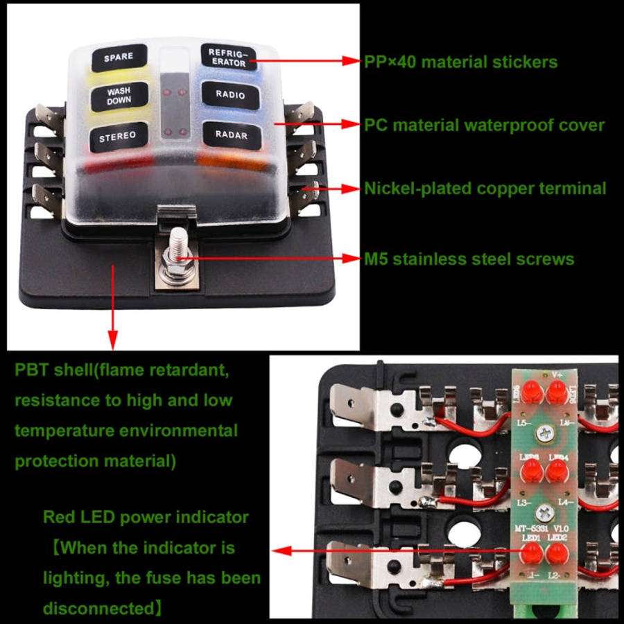 1 in 6 Out Fuse Box PC Terminal Block Fuse Holder Kits with LED Warning Indicator for Auto Car Tr...