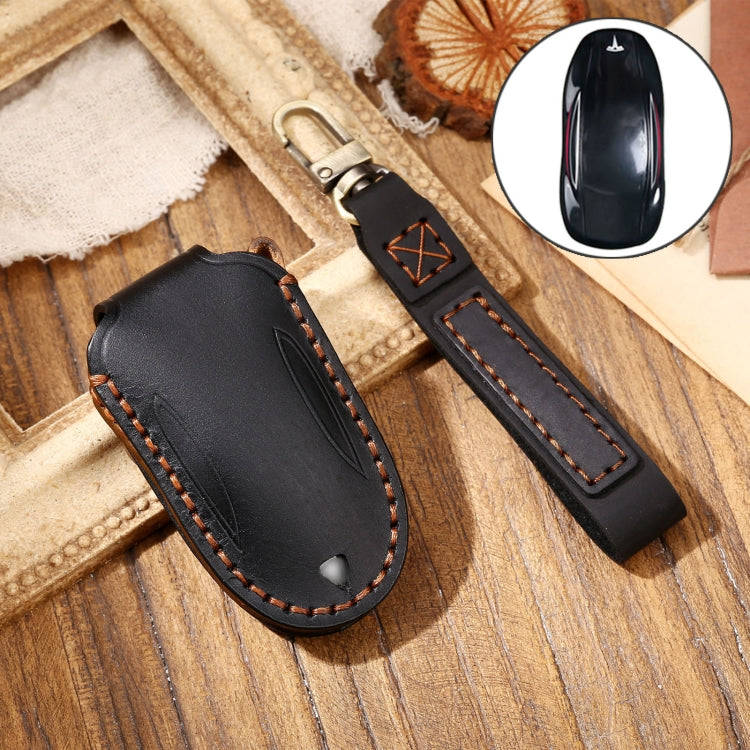 Hallmo Car Cowhide Leather Key Protective Cover Key Case for Tesla Model X B Style(Black)