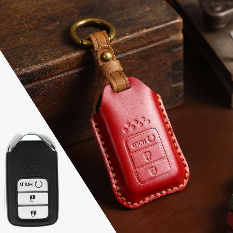 For Honda Car Cowhide Leather Key Protective Cover Key Case, Three Keys Start Version (Red)