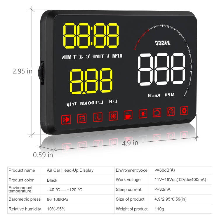 A9 5.5 inch Universal Car OBD2 HUD Vehicle-mounted Head Up Display (Blue)
