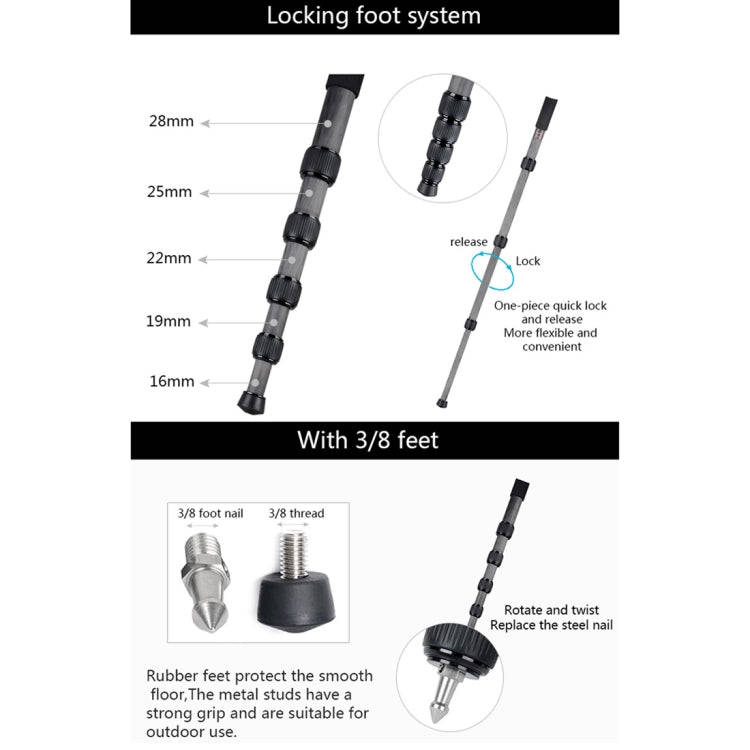 BEXIN MCS285 Portable Travel Outdoor DSLR Camera Carbon Fiber Monopod Holder (Black)
