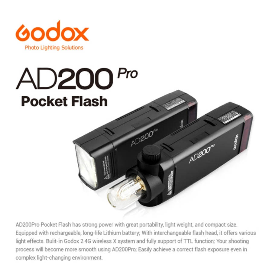 Godox AD200 Pro Pocket Flash Light  TTL HSS 2.4G Wireless X System Outdoor Flash Speedlight(US Plug)
