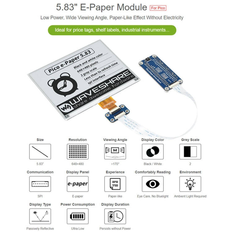 Waveshare 5.83 inch 648x480 Pixel Black White E-Paper E-Ink Display Module for Raspberry Pi Pico,...