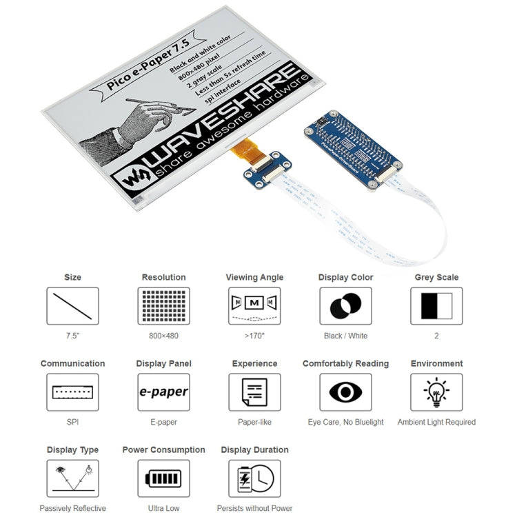 Waveshare 7.5 inch 800x480 pixel Black White E-Paper E-Ink Display Module for Raspberry Pi Pico, ...