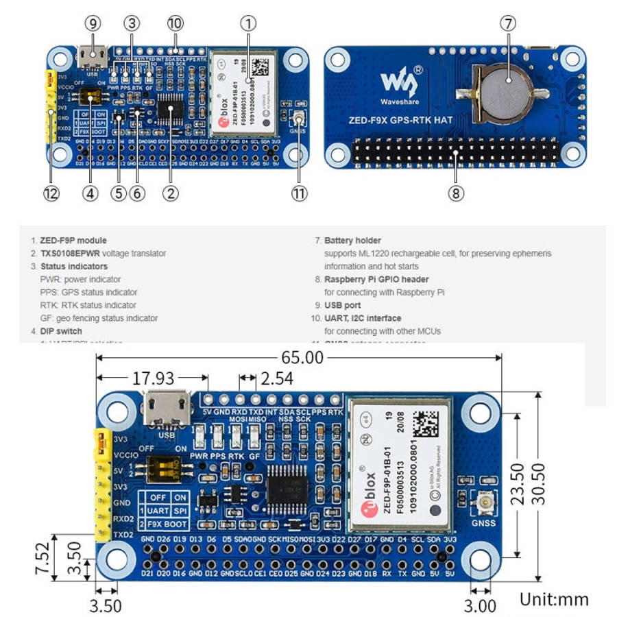 Waveshare ZED-F9P GPS-RTK HAT Centimeter Level Accuracy Multi-Band RTK Differential GPS Module fo...