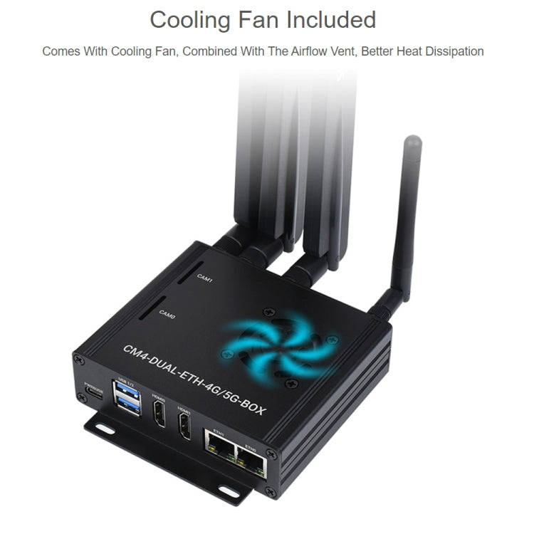 Waveshare Dual Gigabit Ethernet 5G/4G Computer Box with Cooling Fan for Raspberry Pi CM4(US Plug)