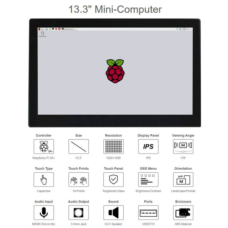 Waveshare 13.3 inch Mini-Computer Powered by Raspberry Pi 3A+, HD Touch Screen(EU Plug)