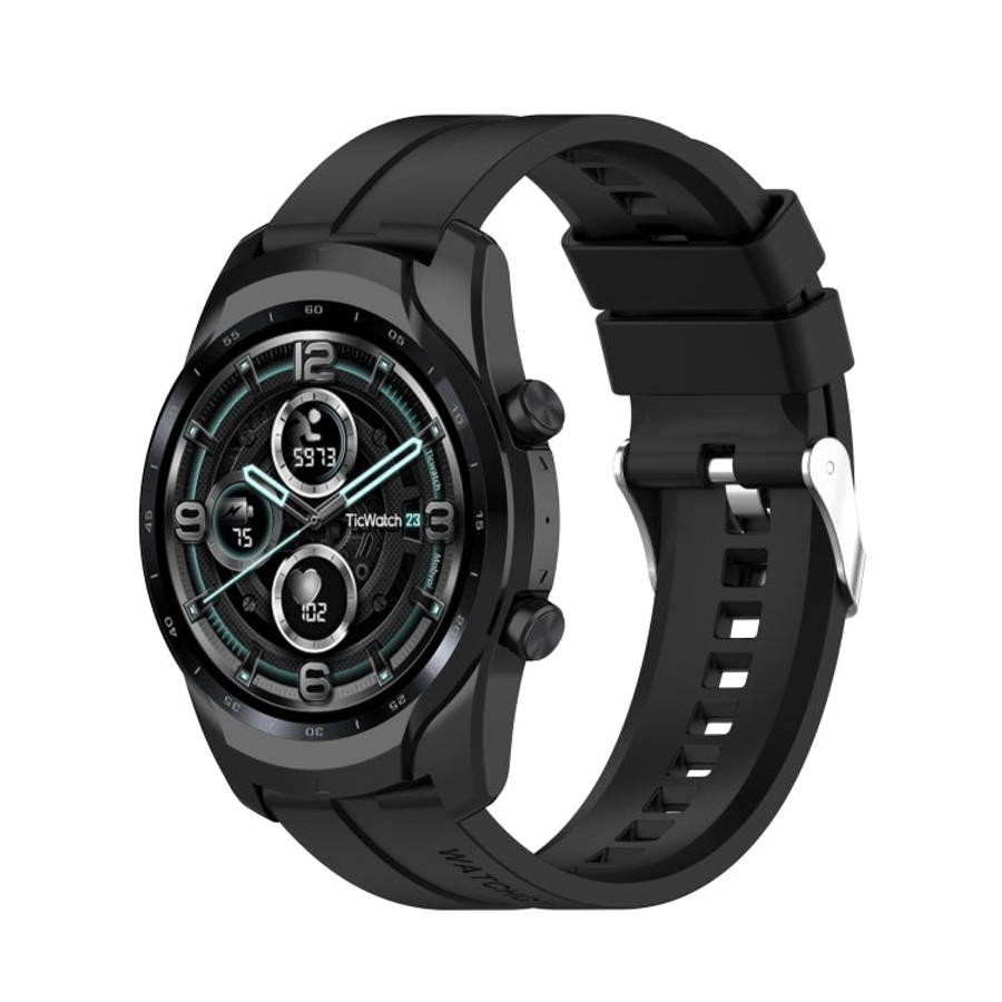 For TicWatch Pro 3 Silicone Watch Band with Silver Steel Buckle(Black)