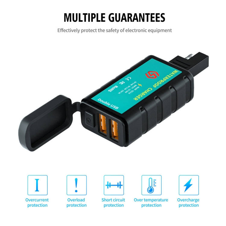 WUPP ZH-1422C2 Motorcycle Square Dual USB Fast Charging Charger with Switch + Integrated SAE Sock...