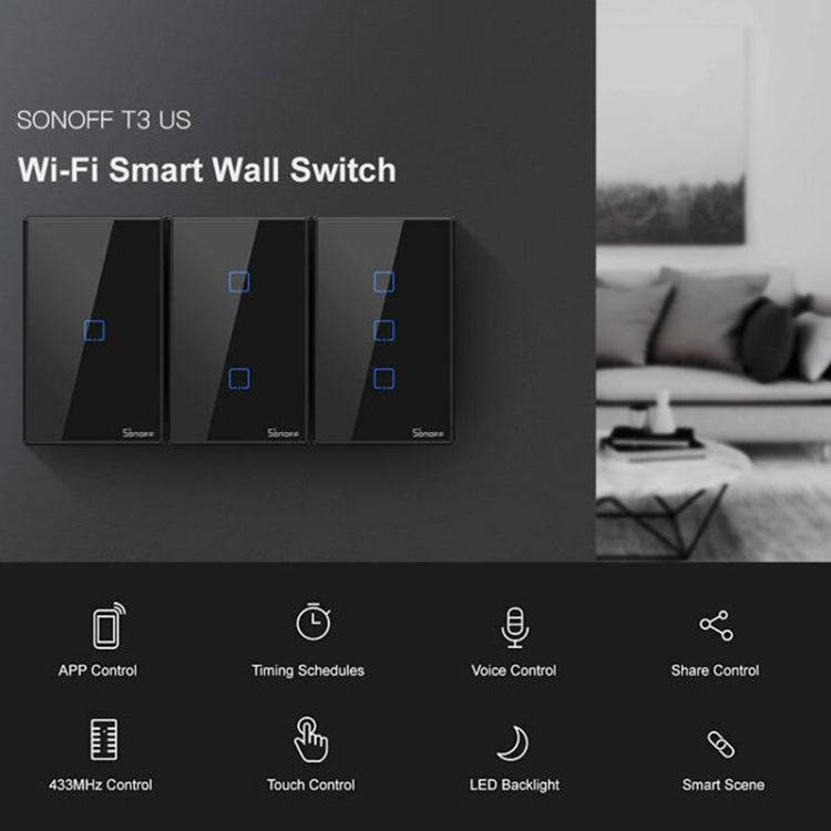 Sonoff T3 US-TX 433 RF WIFI Smart Remote Control Wall Touch Switch, US Plug, Style:Single Button