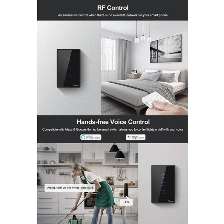 Sonoff T3 US-TX 433 RF WIFI Smart Remote Control Wall Touch Switch, US Plug, Style:Three Buttons
